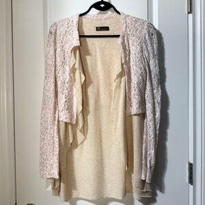 Vintage-Inspired Beige Cardigan with Pink Lace Shrug Layered Look – Size Small